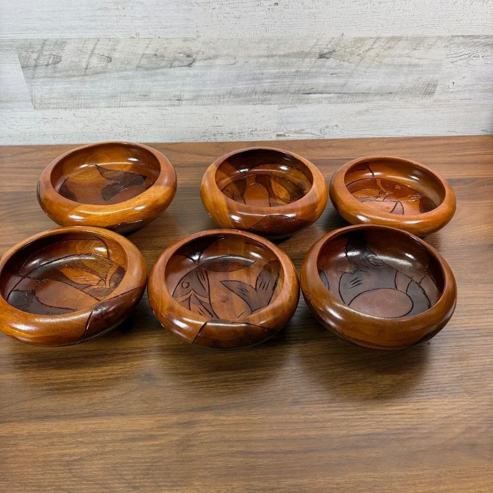 Vintage Haitian Mahogony Hand Carved Wood Bowls with Fisd Design. Lot of 6